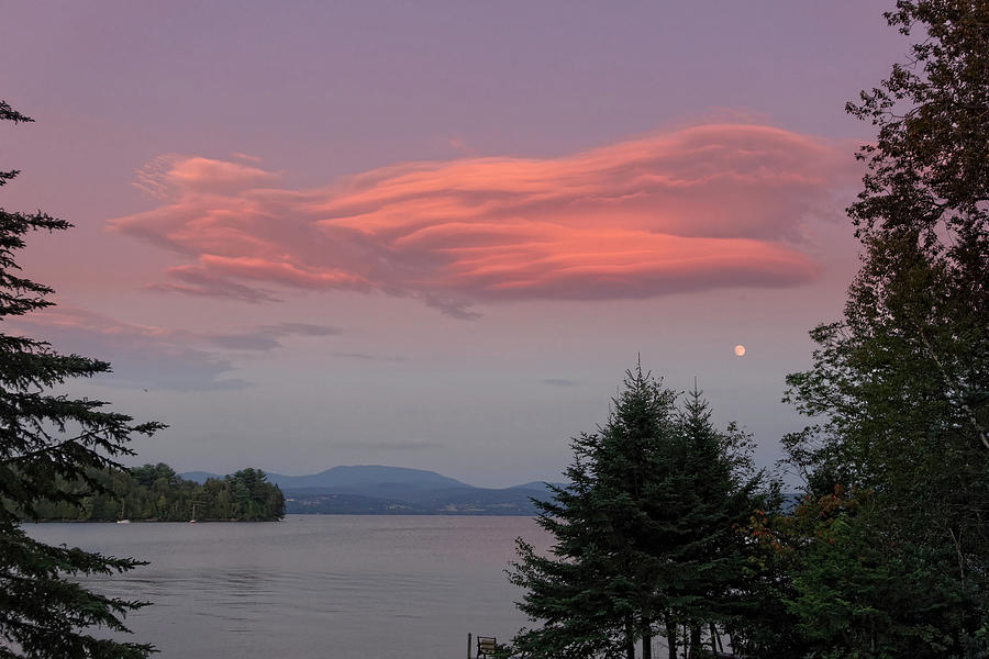 Pink Clouds with Moon Over Lake Photograph by Russ Considine