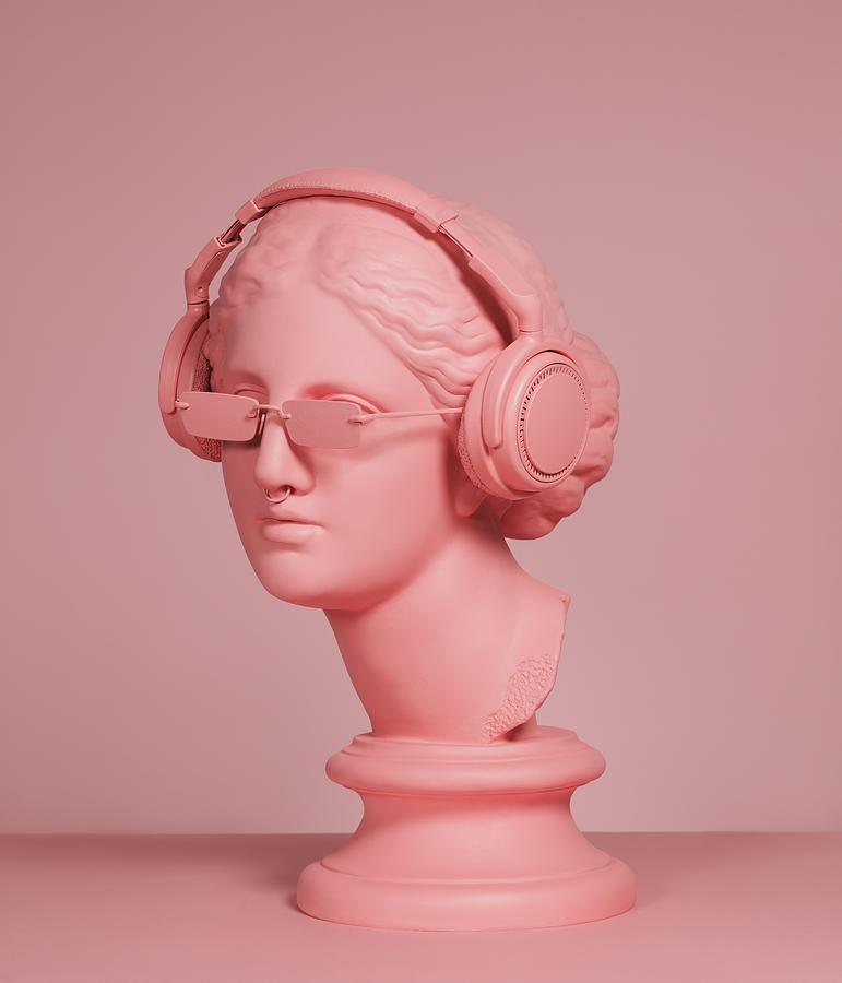 Pink colored modern Greek Goddess with headphones Photograph by Lambada