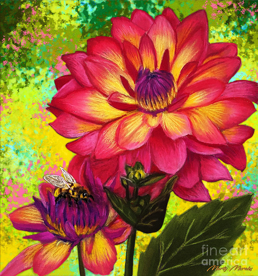 Pink Dahlia Flowers Painting by Martys Royal Art