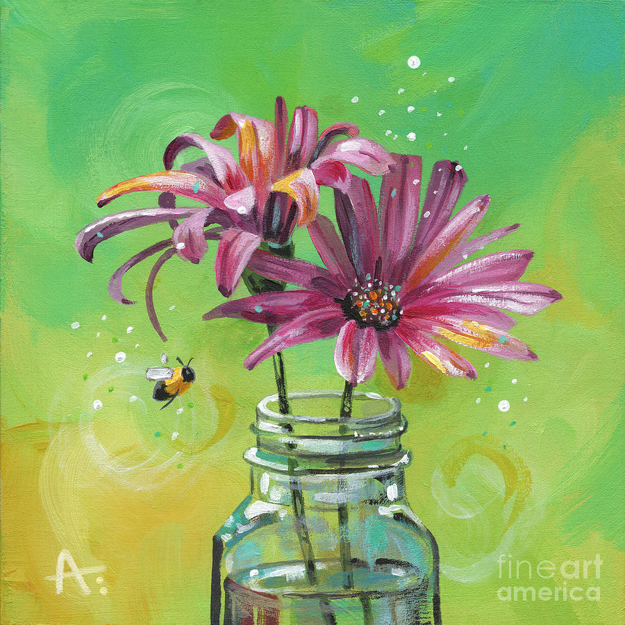 It Takes Two, Baby - Pink Daisies Painting by Annie Troe