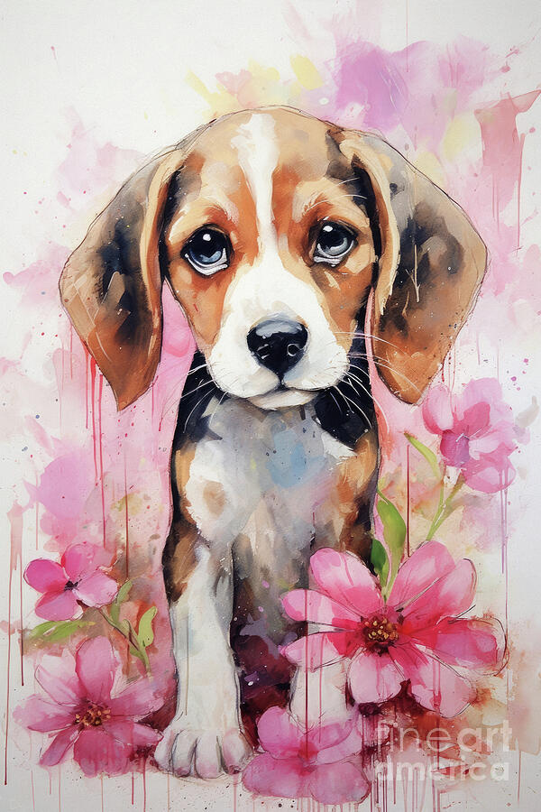 Pink Daisy Beagle Painting by Tina LeCour