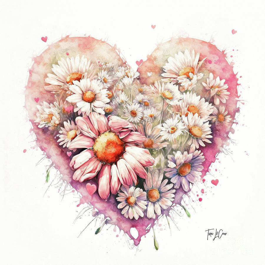 Pink Daisy Heart Painting by Tina LeCour