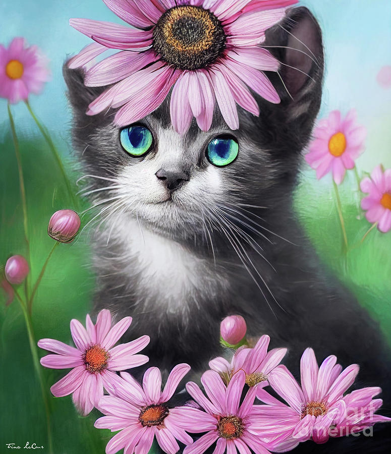 Pink Daisy Kitten Painting