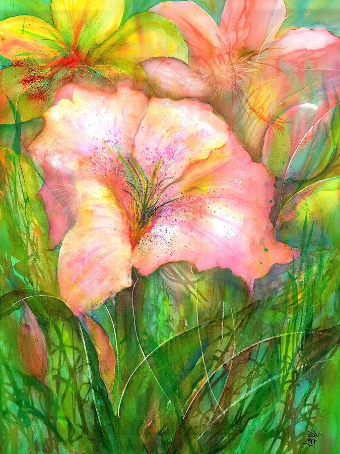 Pink Daylily Flowers with Buds Painting by Sabina Von Arx