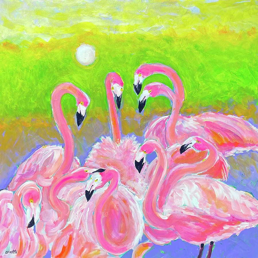 Flamingo Painting - Pink Flamingo Fandango by Charles Wallis