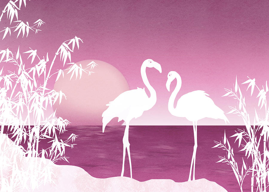 Pink Flamingos in White Silhouette Drawing by Patti Deters