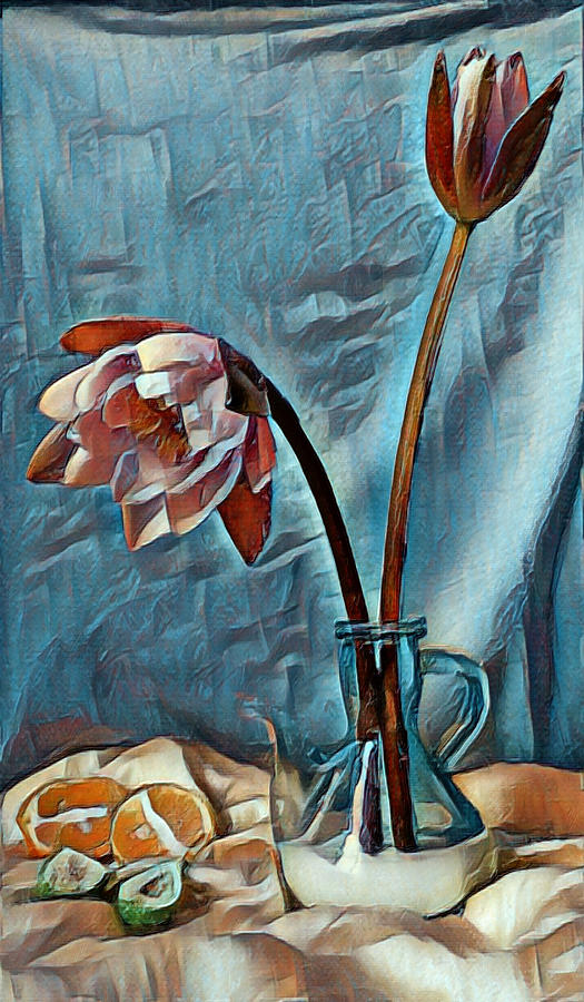 Pink Flower Vase Still Life With Blue Background 2 Painting by Tony Rubino