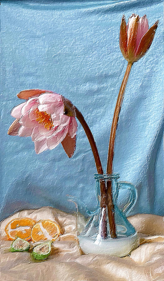 Pink Flower Vase Still Life With Blue Background Painting by Tony Rubino
