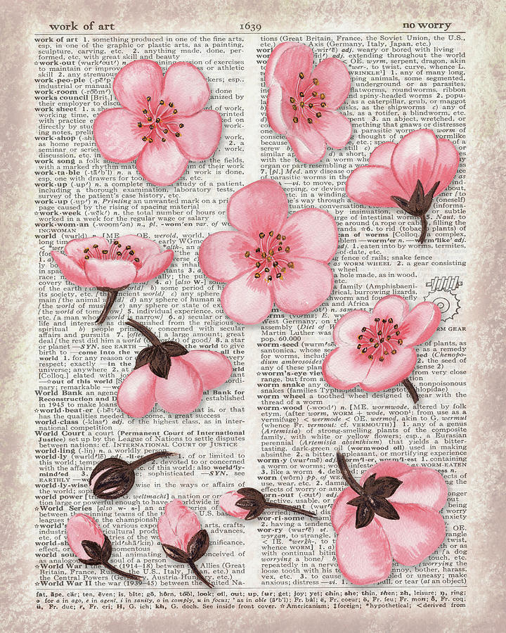 Pink Flowers Dictionary Page Watercolor Art Painting