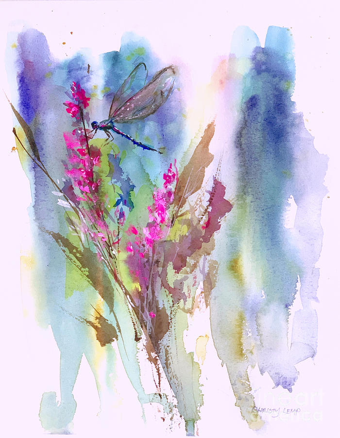 Pink Flowers Dragonfly Painting by Christy Lemp