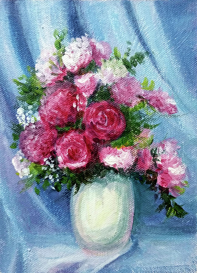 Pink flowers in a vase Painting by Asha Sudhaker Shenoy
