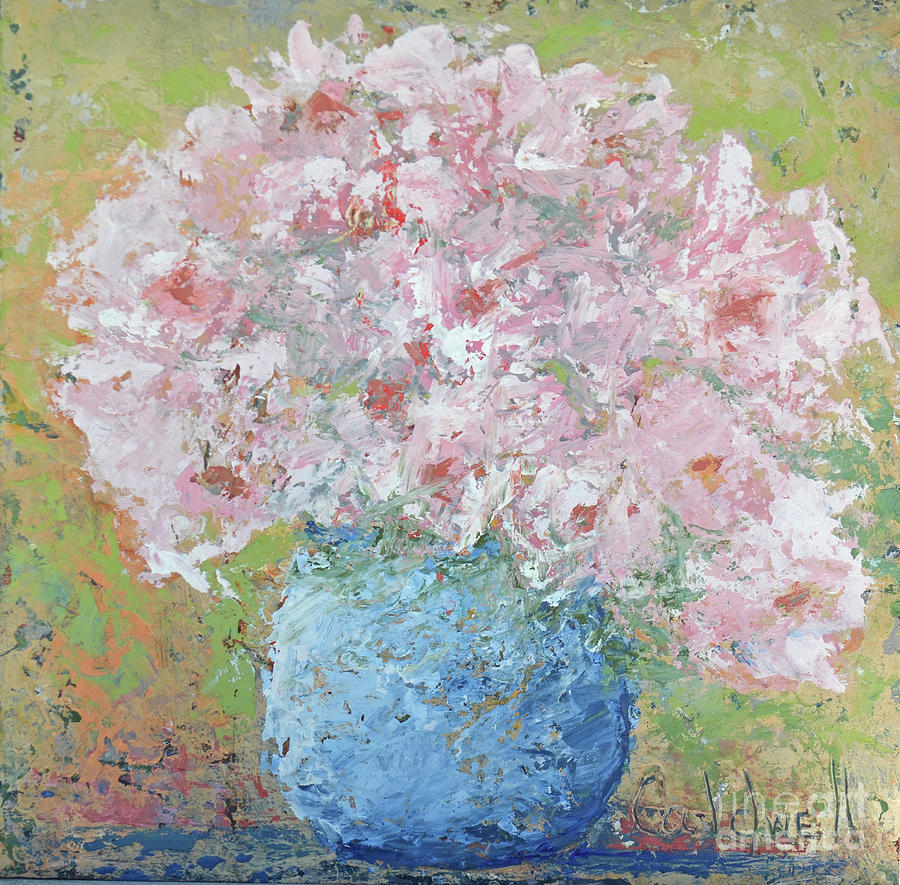 Pink Flowers in Blue Vase Painting by Patricia Caldwell