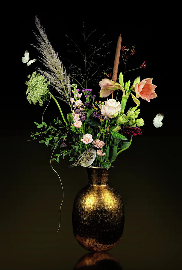 Pink flowers in gold vase Digital Art by Marjolein Van Middelkoop