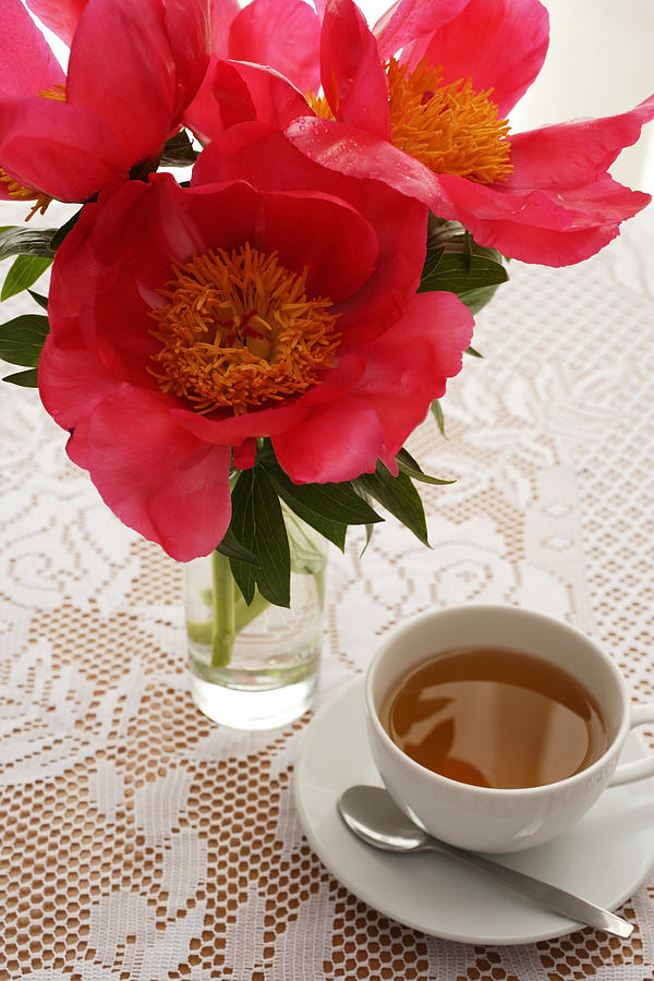 Pink flowers in vase and tea cup on table. Photograph by Asia Images