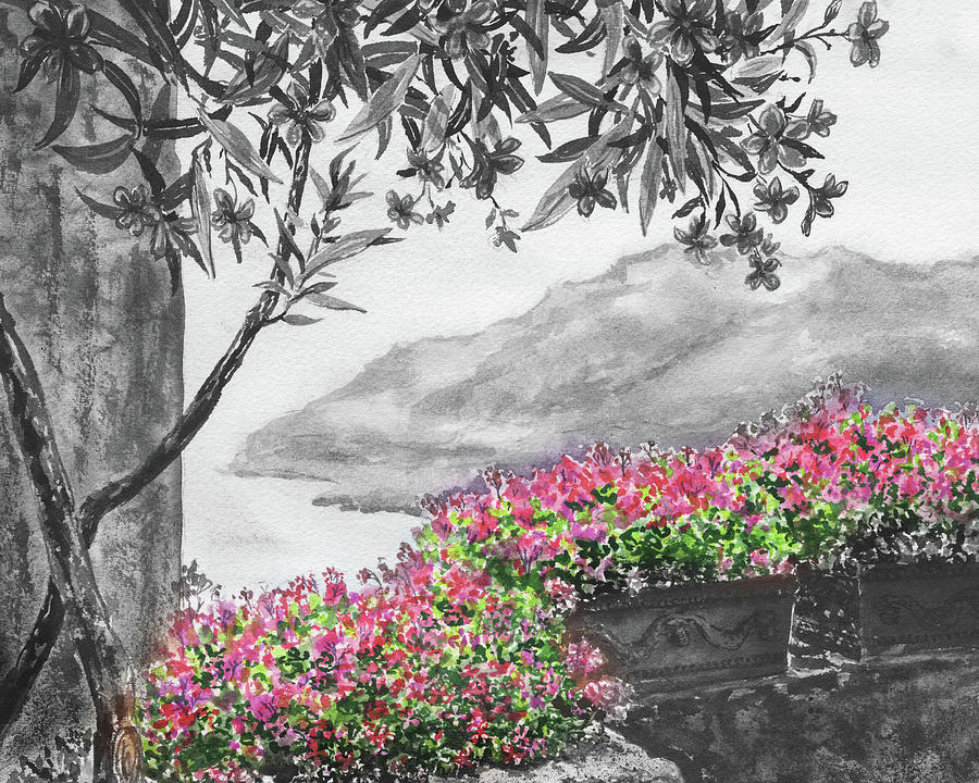 Pink Flowers Of Ravello Mediterranean Sea Shore Watercolor Of Amalfi Coast Painting