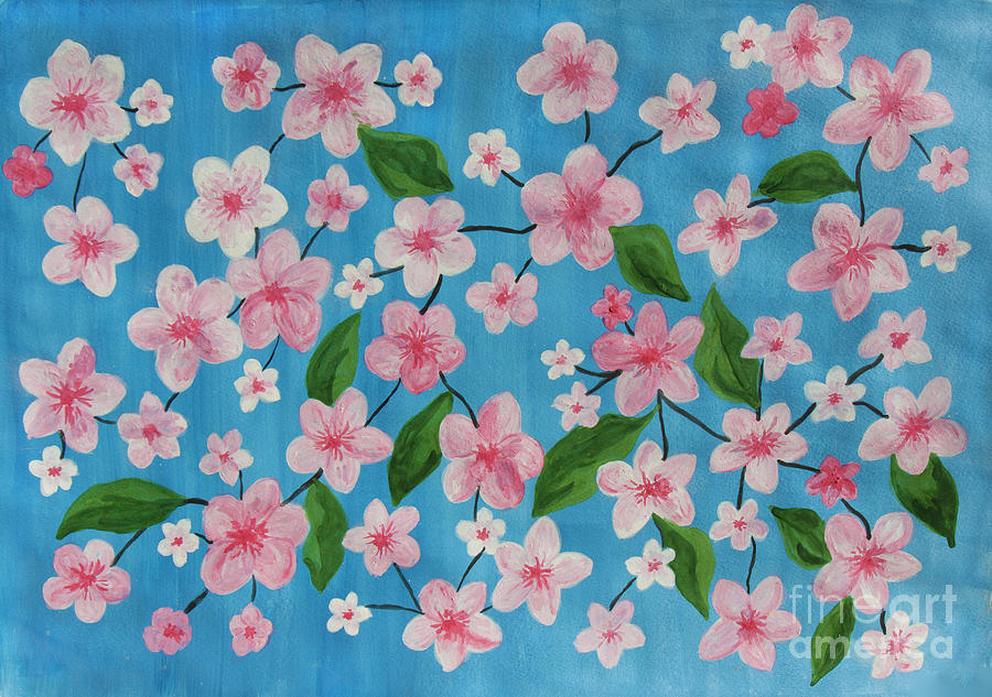 Pink flowers on blue background Painting by Irina Afonskaya