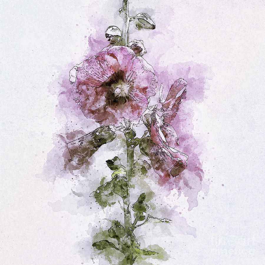 Pink Flowers Watercolor and Ink Effect Digital Art by Natalie Kinnear