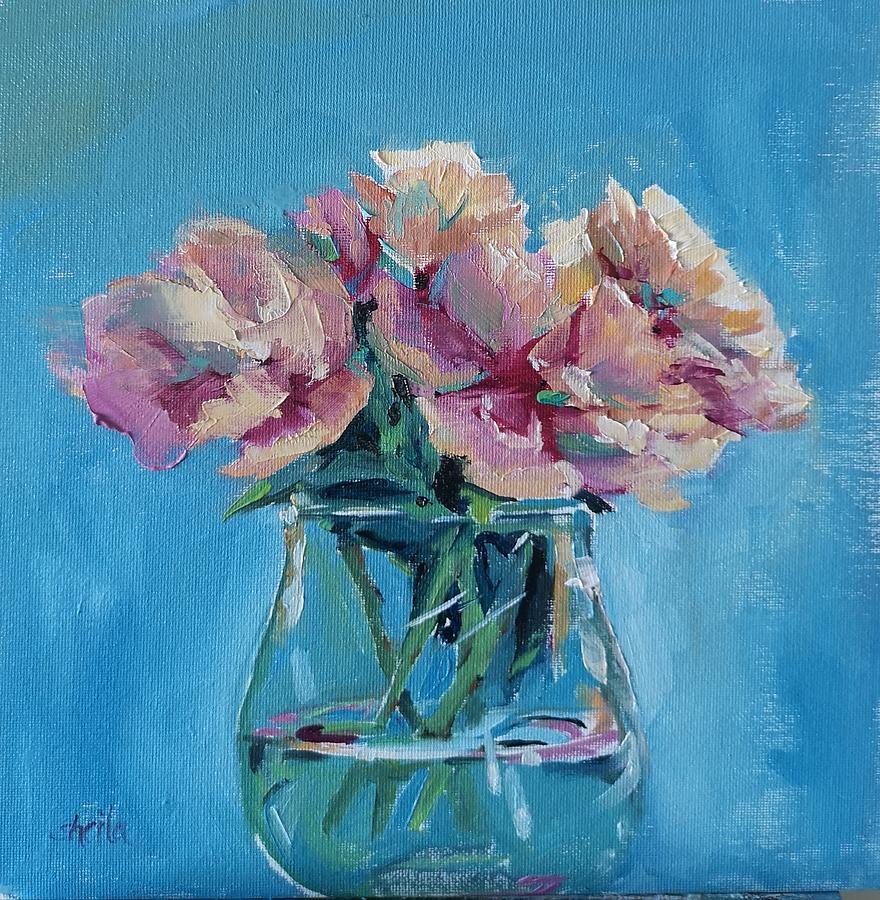 Pink Flowers with Blue Painting by Sheila Romard