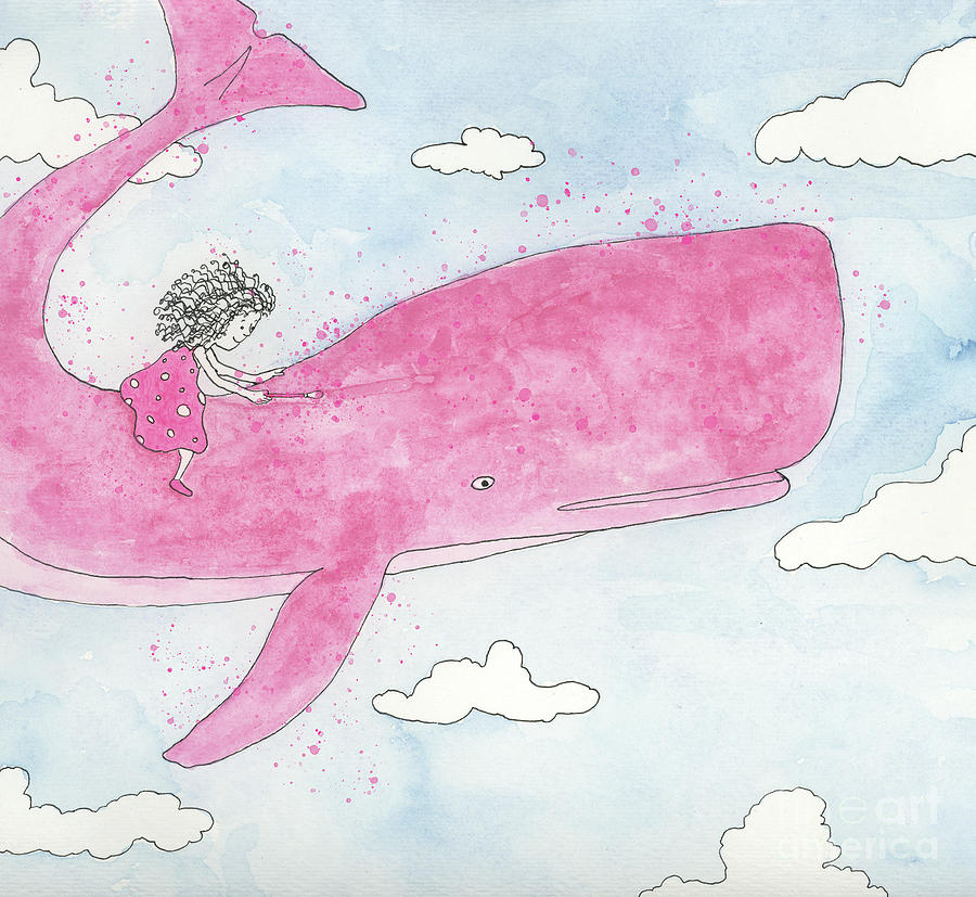 Pink Flying Whale Drawing by Mike Mooney