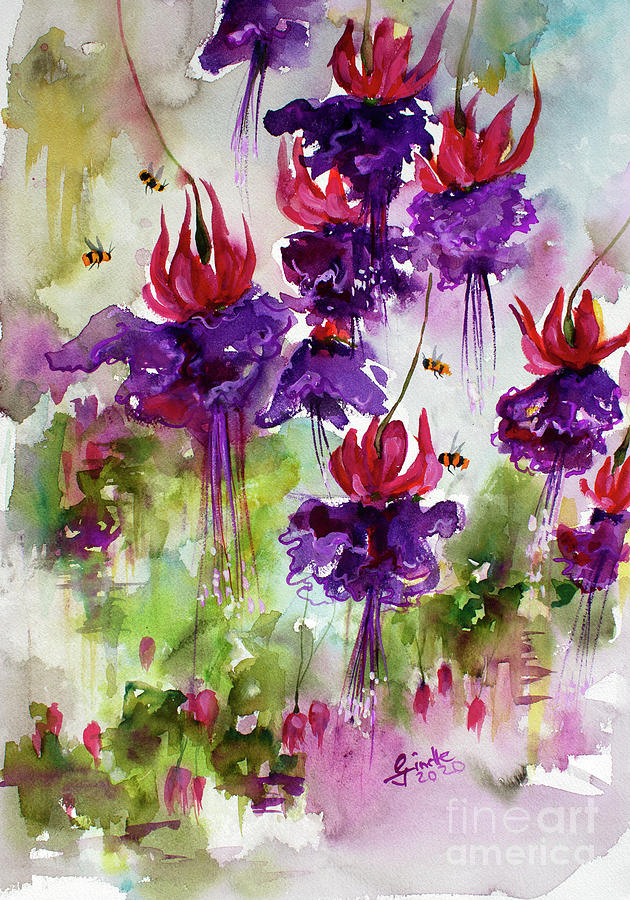 Pink Fuchsia Flowers Watercolors Painting by Ginette Callaway