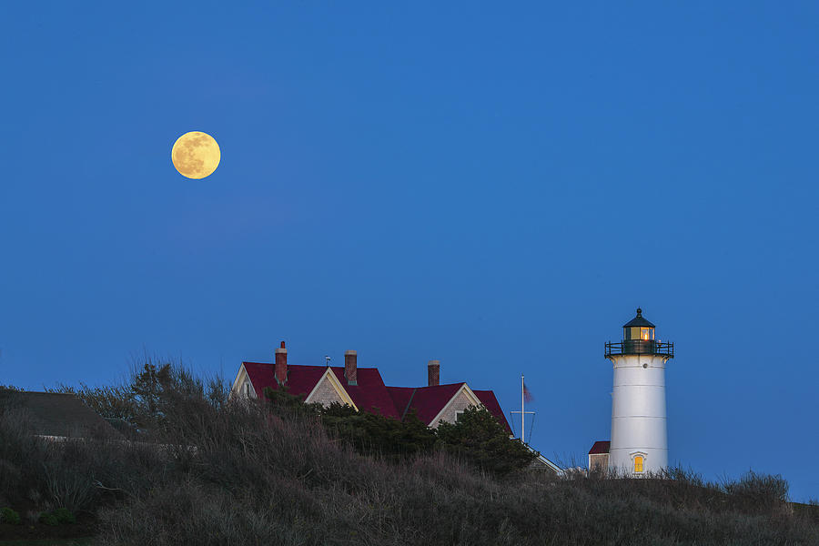 Pink Full Moon Over Nobska Lighthouse  Photograph by Juergen Roth