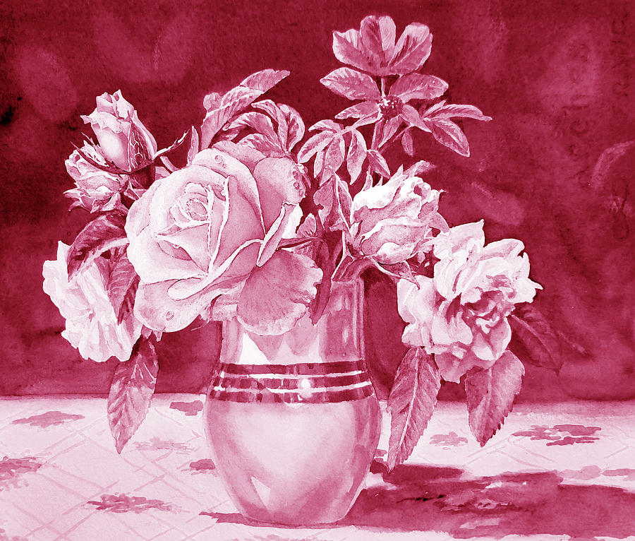 Pink Garden Rose Flower Bouquet Watercolor Painting