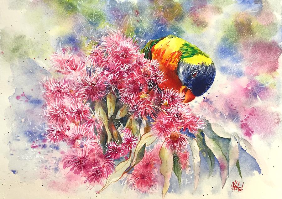 Pink gum blossoms and Loriikeet Painting by Chris Hobel