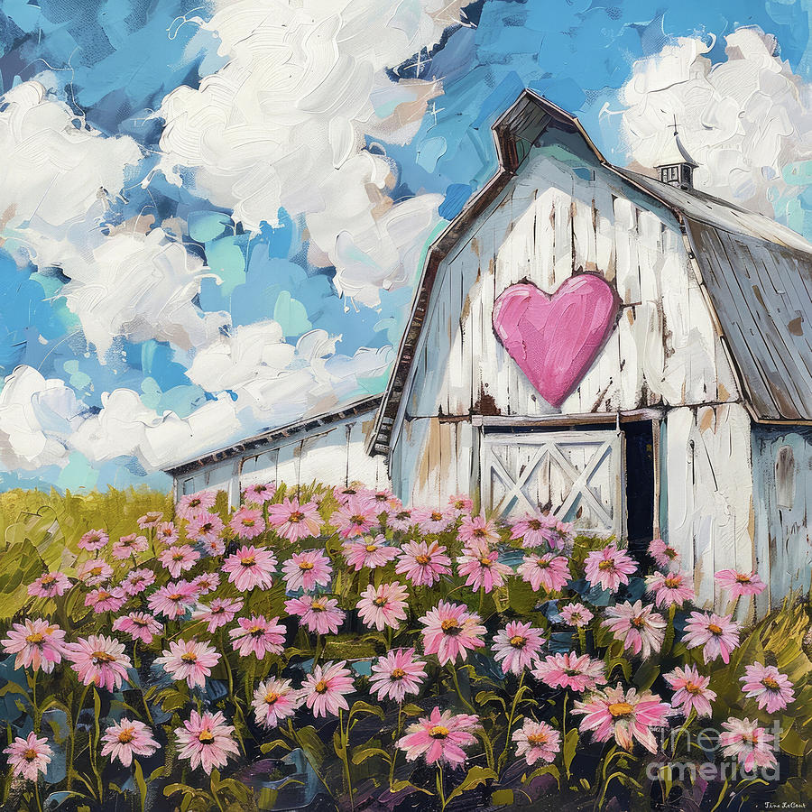 Pink Heart Barn In The Daises Painting by Tina LeCour