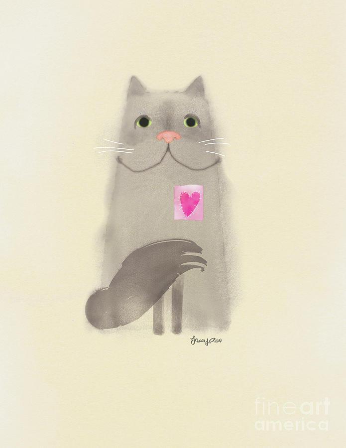 Cats, Pink Heart Cat Painting by Tracy Herrmann