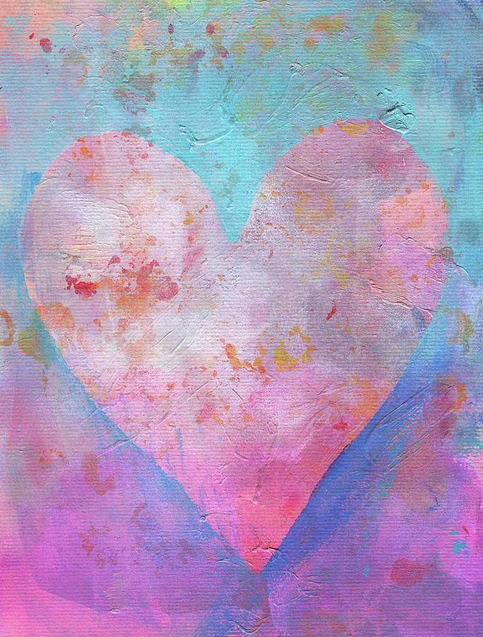 Pink heart on blue romance Painting by Karen Kaspar