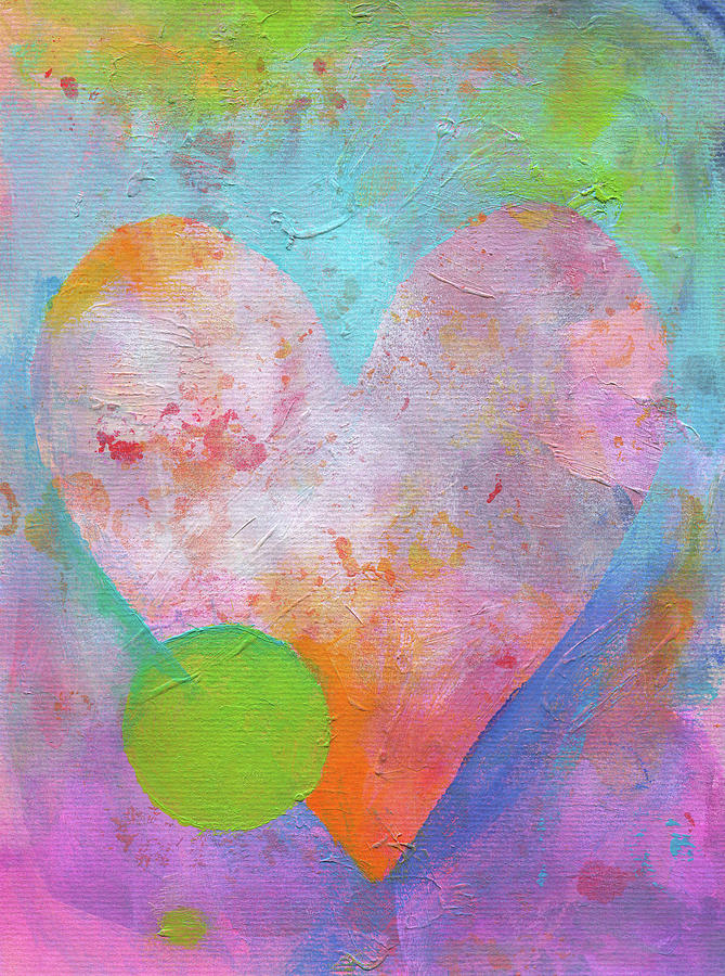 Pink heart with green circle Painting by Karen Kaspar