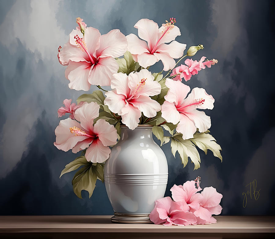 Pink Hibiscus Flowers in a Vase Oil Painting Painting by Georgeta Blanaru