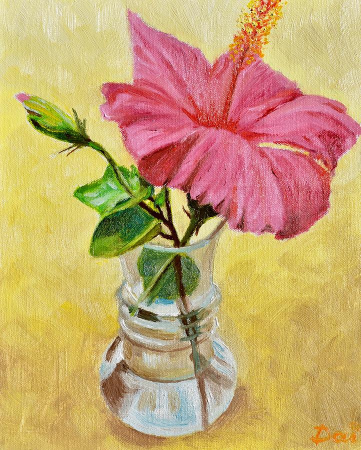 Pink Hibiscus in a Glass Vase Painting by Dai Wynn