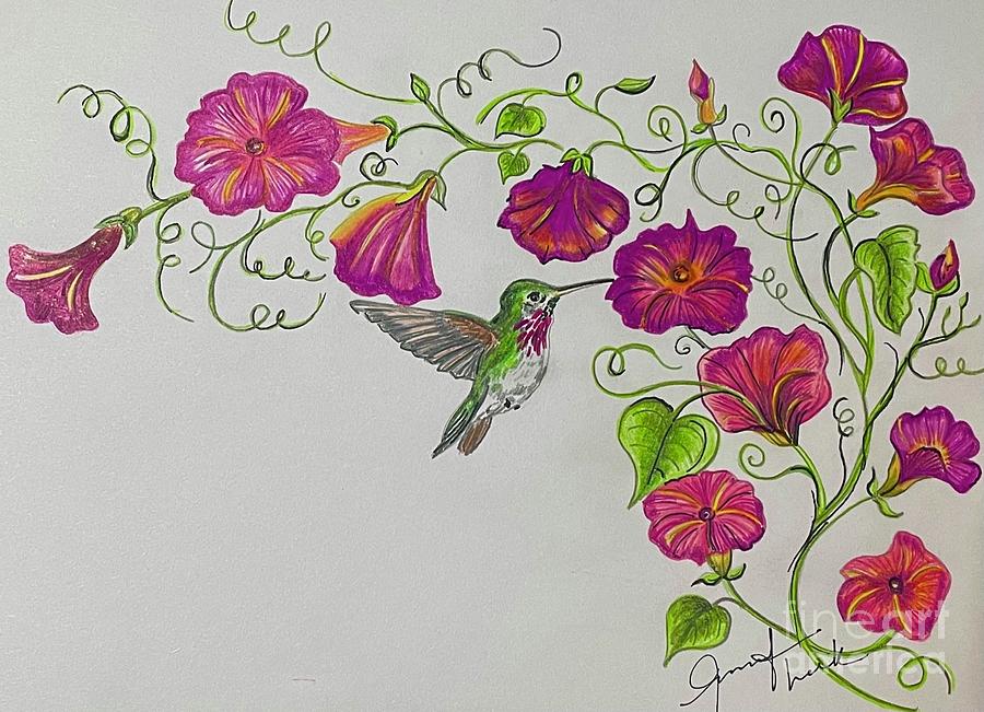 Pink Hollyhock and Hummingbird  Painting by Jennifer Lake