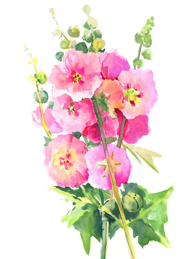 Pink Hollyhock Flowers Painting by Suren Nersisyan