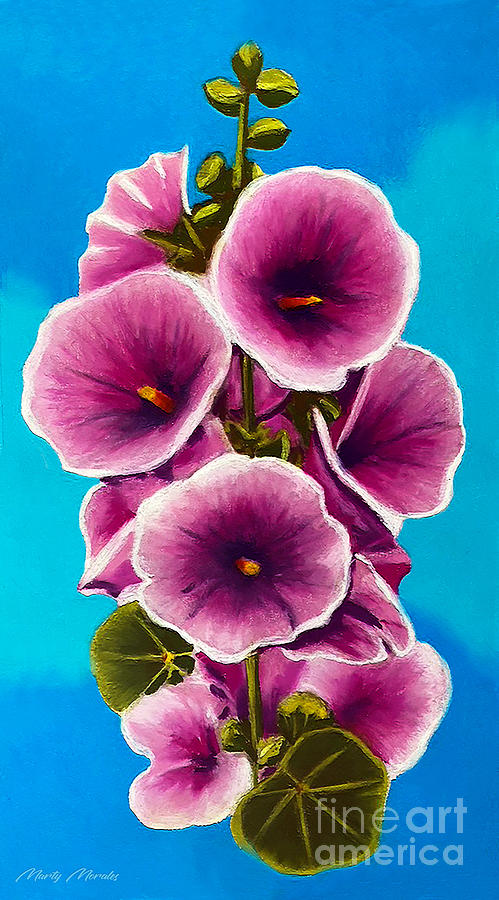 Pink Hollyhock Flowers V1 Painting by Martys Royal Art