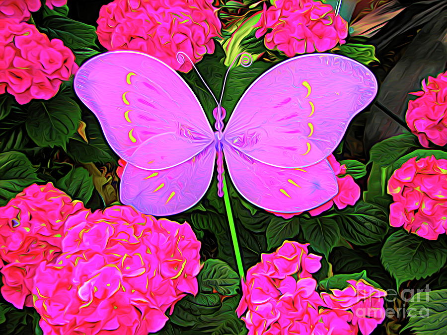 Pink Hydrangeas And Butterfly Easter Display At Buffalo Botanical Gardens Abstract Expressionist Photograph