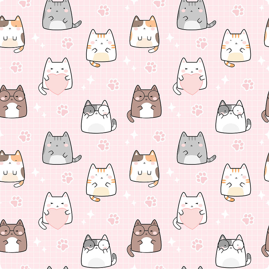 Pink Kawaii Cute Cats Pattern Digital Art by Sweet Birdie Studio - Fine ...
