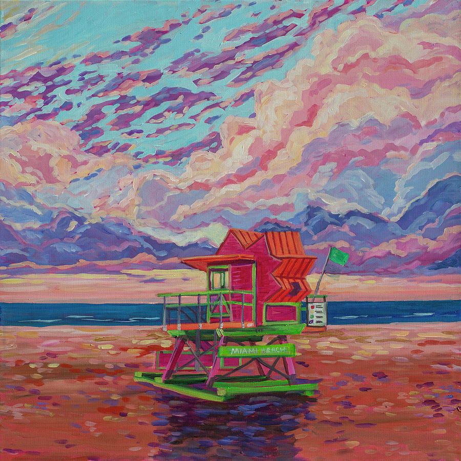Pink lifeguard station Miami Beach Painting by Heather Nagy