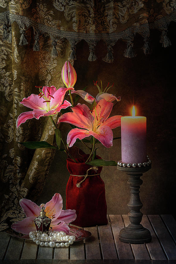 Pink Lilies With Candle Still Life Photograph