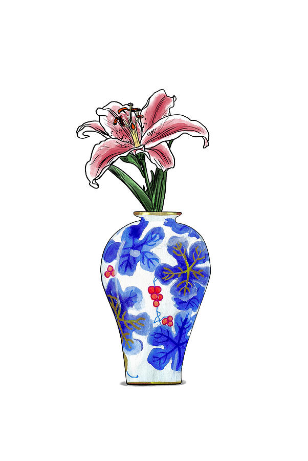 Pink Lily in Chinese Vase Mixed Media by Masha Batkova