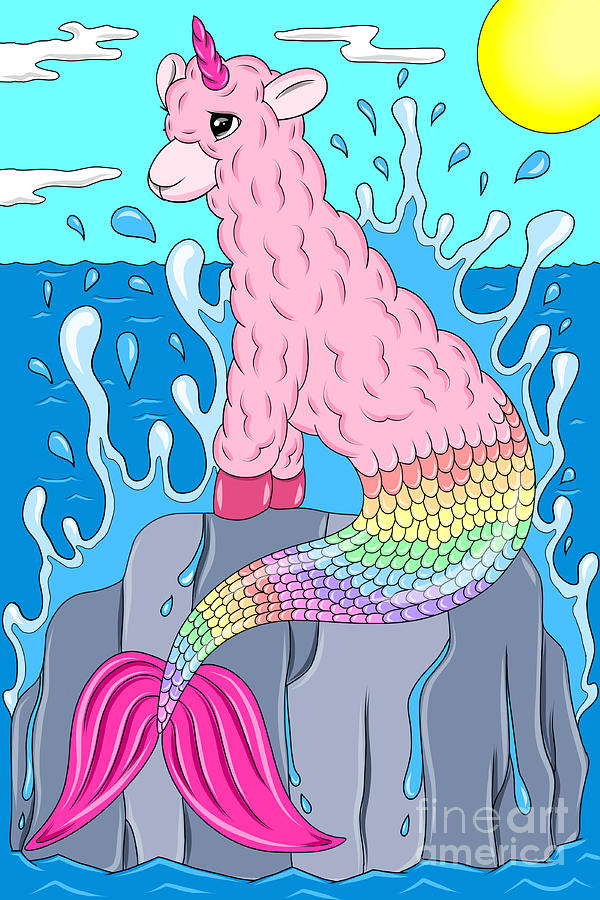Pink Llamacorn Mermaid Digital Art
