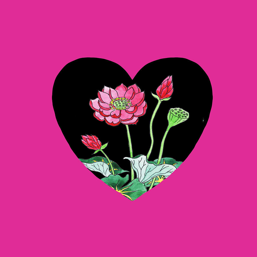 Pink Lotus Flower Heart Watercolor Art Painting