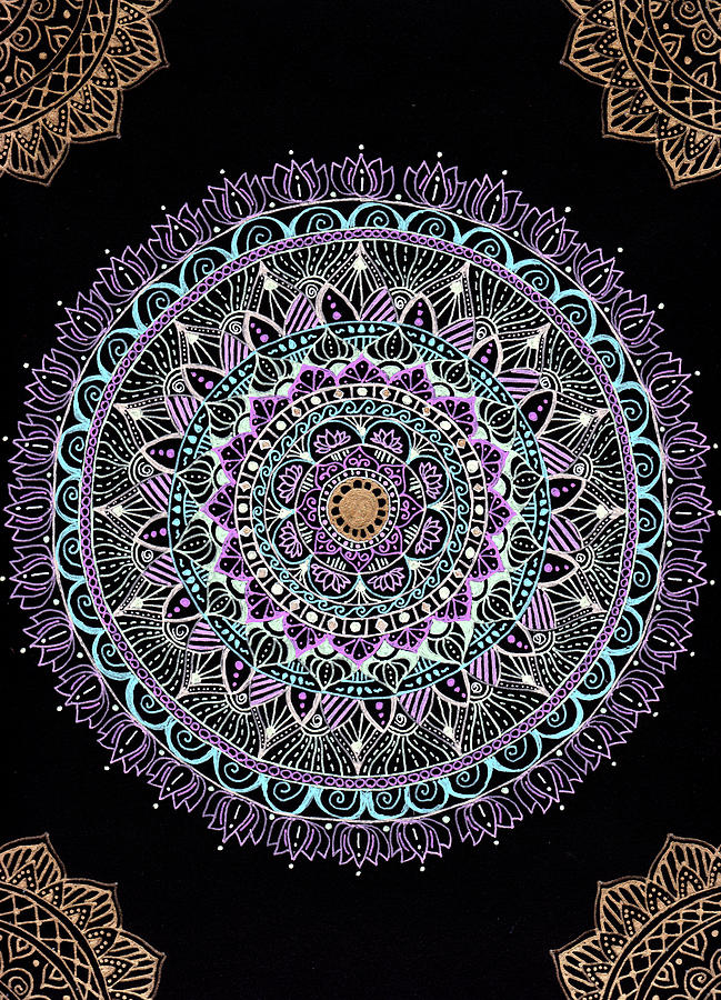 Pink Lotus Mandala on Black Painting by Laura Iverson