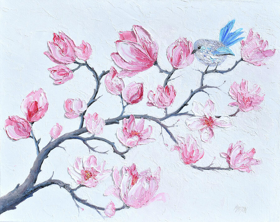 Pink Magnolia and Fairy Wren Painting by Jan Matson Pink Magnolia and Fairy Wren Painting by Jan Matson