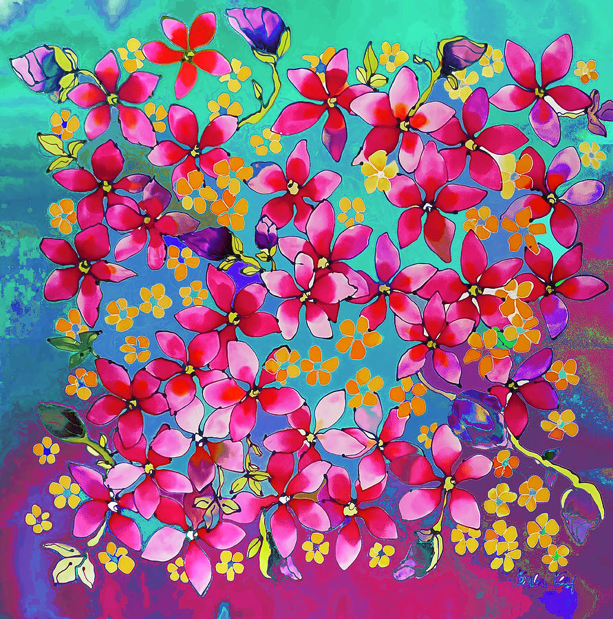 Pink magnolia on turquoise Painting by Karla Kay Benjamin
