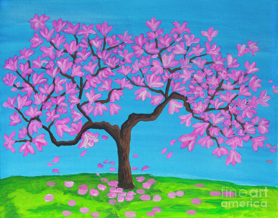 Pink Magnolia tree in blossom, acrylic painting Painting by Irina Afonskaya