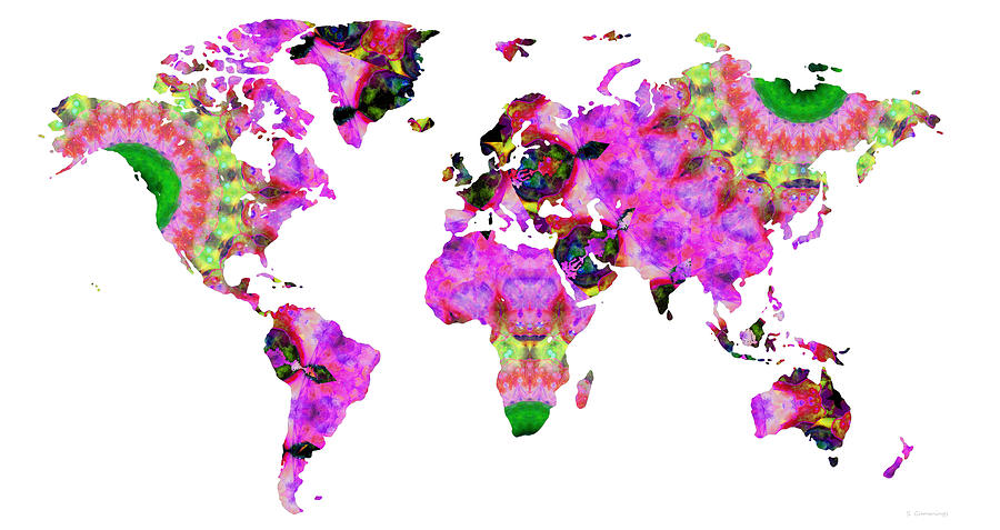 Map Painting - Pink Mandala Map of The World 39 - Sharon Cummings by Sharon Cummings