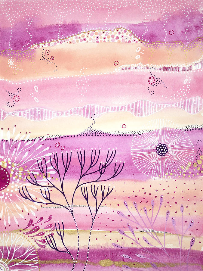 Pink Mixed Media Abstract Landscape - Reef Painting by Joanne Grant