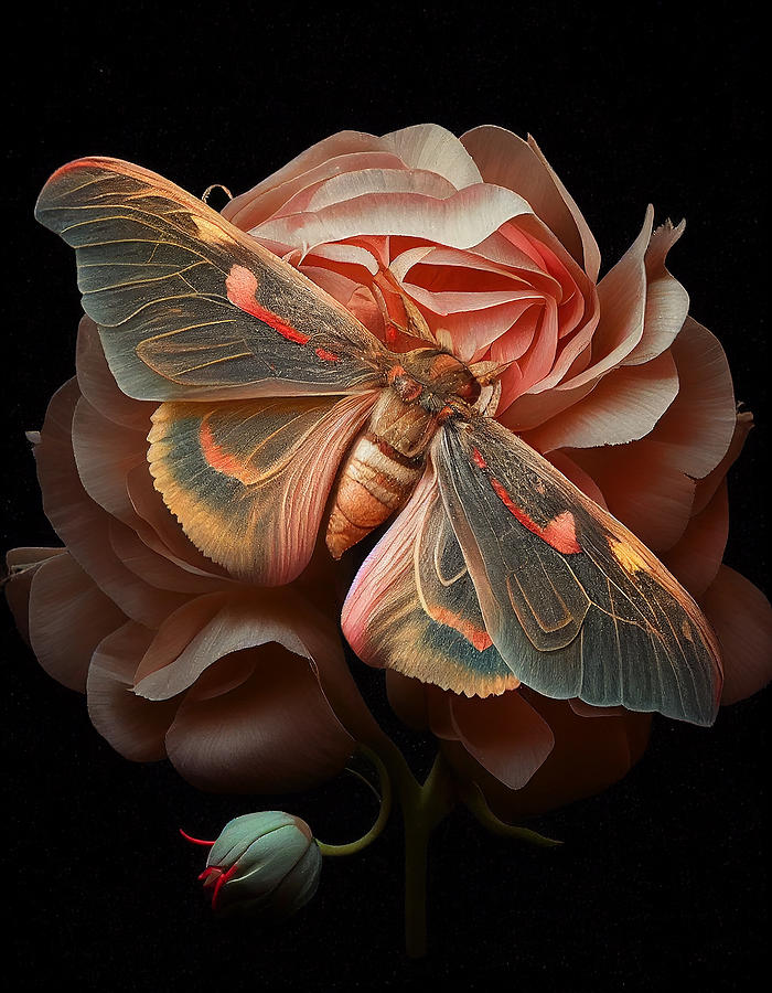 Pink Moth and Rose Digital Art by Jennifer Hotai